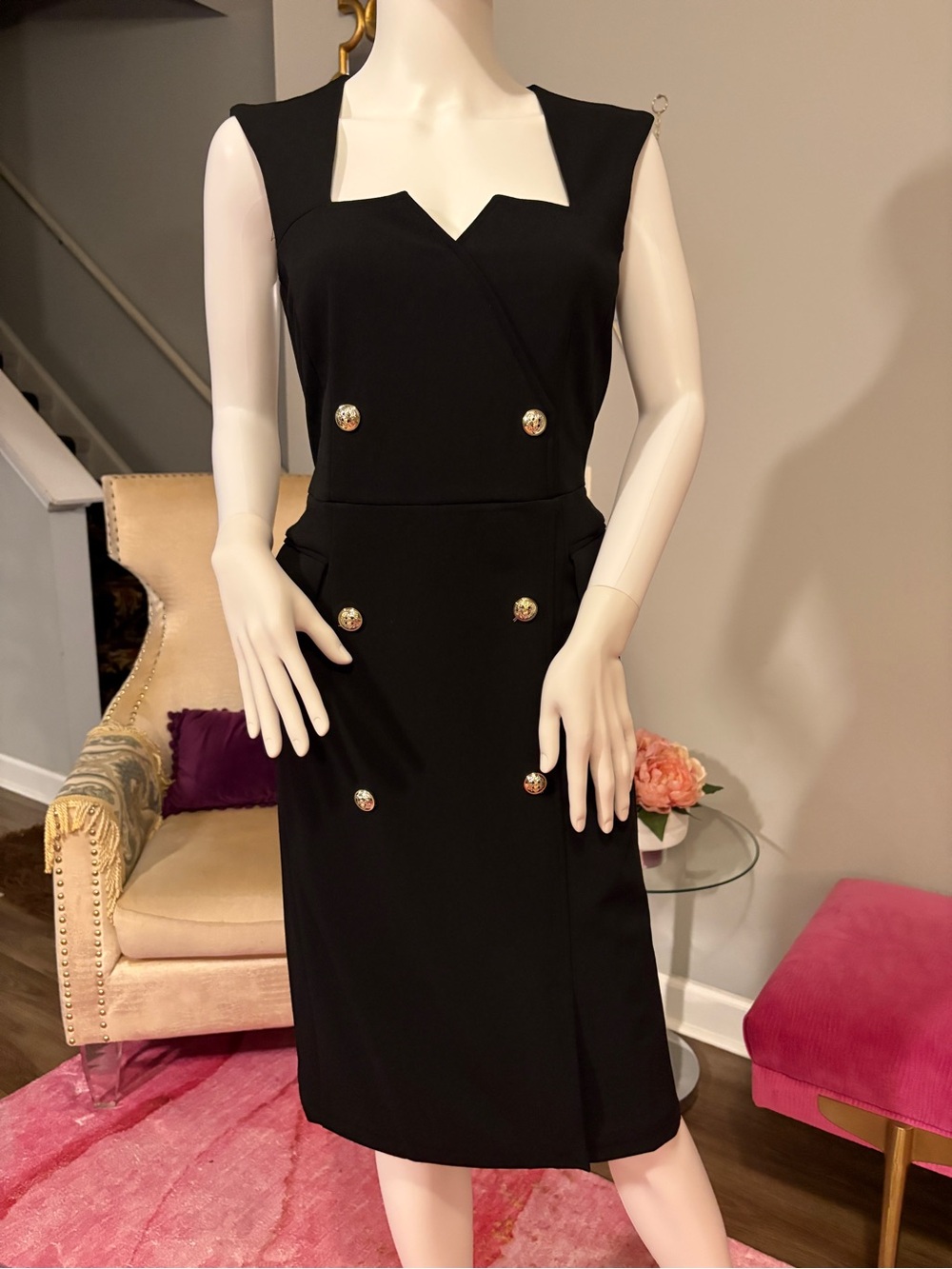Tahari Black Sleeveless Midi Sheath Dress with Gold Buttons